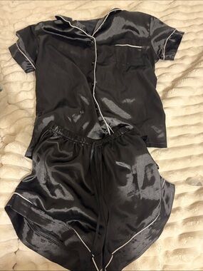 Black Satin Short Sleeve Pajama Set with White Piping